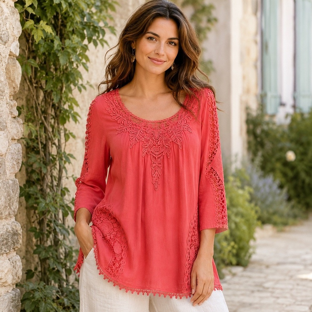 XCVI Coral Pink Cotton Silk Crochet Lace Tunic Top Bohemian Romantic Beachy Sz M - Picture 2 of 16